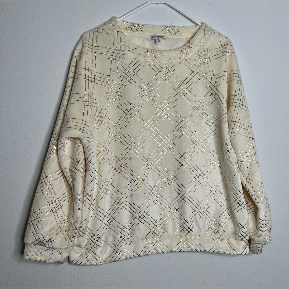 EMILY DANIELS Ivory/gold Checkered Sweater Size L